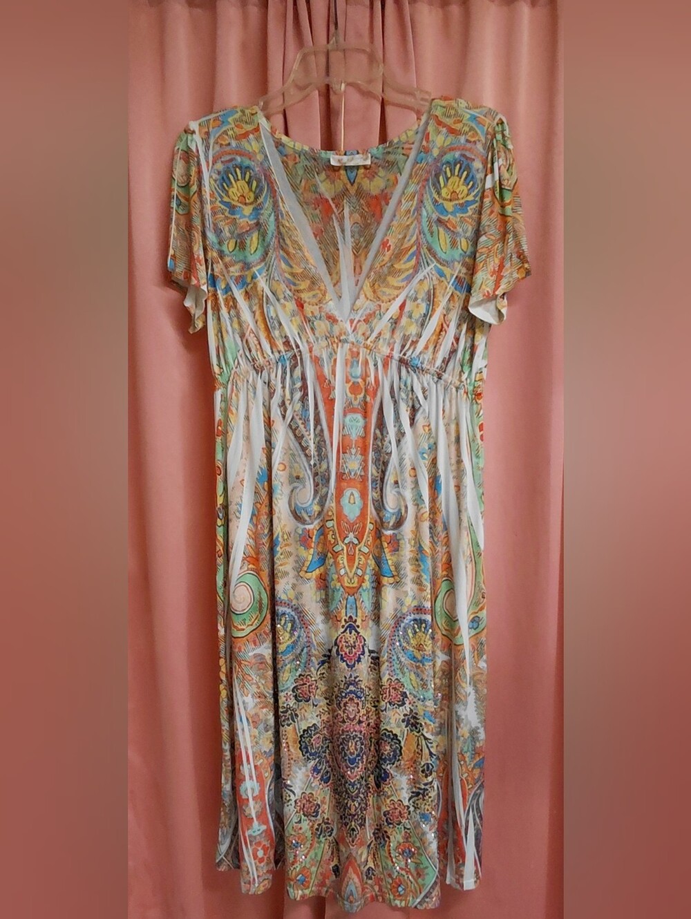 R. Rouge *Paisley Print V-Neck Maxi Dress - Multicolor Rhinestones Womens Sz (M)